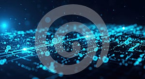 Abstract blue glowing digital network of data points and connections representing technology and information flow