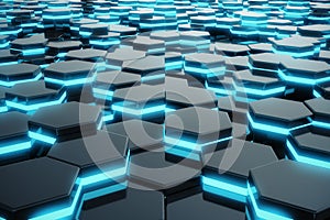 Abstract blue glowing of futuristic surface hexagon pattern. 3D Rendering