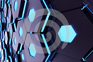 Abstract blue glowing of futuristic surface hexagon pattern, 3D Rendering
