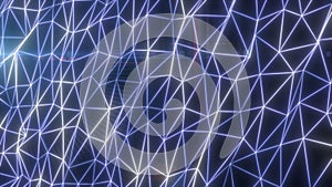 Abstract blue glowing mesh network with triangular grid pattern and light reflections, isolated on dark background