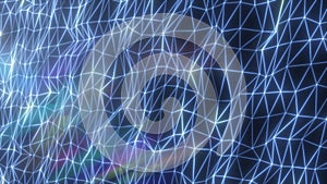 Abstract blue glowing mesh network with triangular grid pattern and light reflections, isolated on dark background