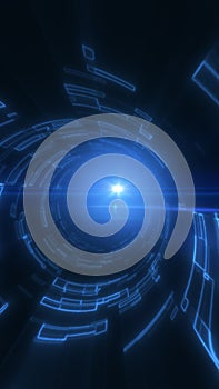 Abstract blue glowing tunnel made of digital lines and particles, representing technology, speed, and data communication