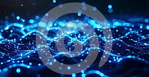 Abstract blue glowing waves with sparkling lights create mesmerizing visual effect, evoking sense of depth and tranquility in