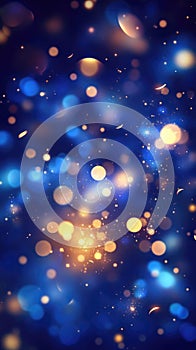 Abstract blue and gold bokeh lights with sparkles and glowing effects