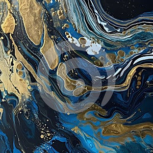 Abstract blue, gold, dark fluidart background for banners, posters and other design. Generative AI