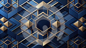 Abstract blue and gold geometric pattern design with hexagonal and triangular shapes. Generative AI