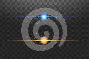 Abstract blue and gold lights lines on transparent background vector illustration. A bright flash of light on the line