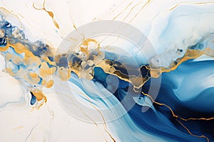 Abstract Blue and Gold Oil Painting with High Textured Marble Background