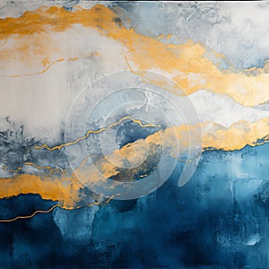 Abstract Blue And Gold Painting Inspired By Ethereal Cloudscapes And Kintsugi