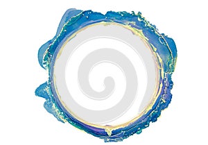Abstract blue and gold watercolor, circle, old frame , ink brush strokes isolated on white, creative illustration