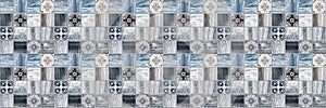 Abstract blue gray square mosaic tiles mirror, tile wall texture background banner panorama, with flowers and wood print