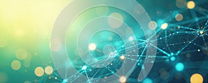 Abstract blue green background with glowing network of connected nodes. Digital data structure represents modern technology,