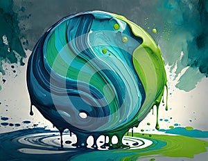 Abstract blue and green tone earth crylic paint blob, creative modern artwork and flat lay drop digital art concept