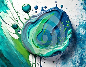 Abstract blue and green tone earth Crylic paint blob, creative modern artwork and flat lay drop digital art concept.