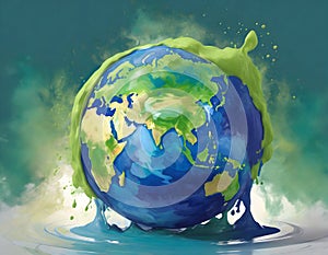 Abstract blue and green tone earth Crylic paint blob, creative modern artwork and flat lay drop digital art concept.