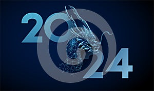 Abstract blue head of dragon and number 2024. Animal Chinese symbol of the year. Low poly style.