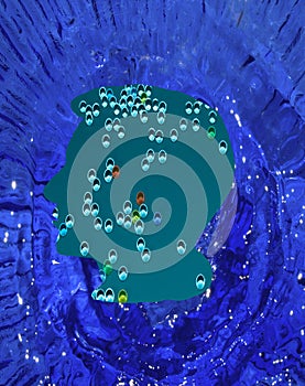 abstract blue head through which information flows on a dark blue water background, creative techno design
