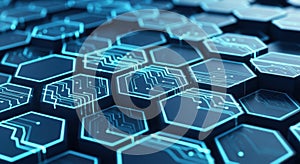Abstract blue hexagonal network pattern illuminated by digital data streams futuristic tech background