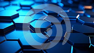 Abstract blue hexagonal pattern, 3D render of a modern geometric background.