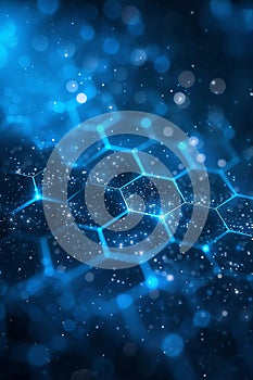 Abstract blue hexagonal pattern with glowing elements and bokeh effects for digital design