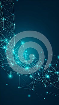 Abstract blue illuminated network structure with interconnected glowing dots and lines on dark background