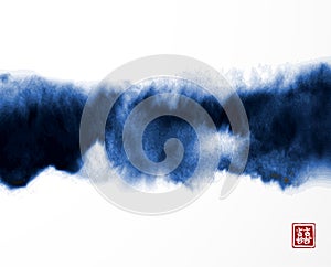 Abstract blue ink wash painting in East Asian style on white background. Grunge texture.