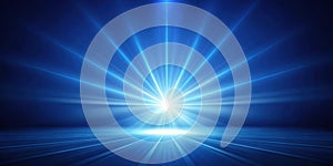 Abstract blue light rays converging on a horizon. Generative AI