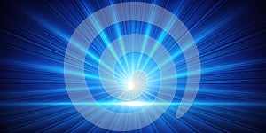 Abstract blue light rays converging on a horizon. Generative AI