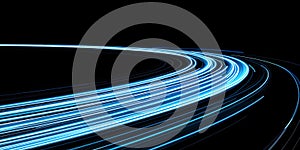 Abstract Blue Light Trails on a Black Background, Speed Motion Effect, Technology Concept.