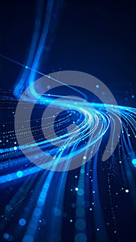 Abstract blue light trails and glowing particles form a futuristic network on dark background