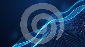 Abstract blue light wave background with flowing particles and digital data stream