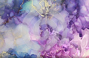 Abstract  blue and lilac watercolor with gold glitter horizontal  panting background. Marble texture. Alcohol ink