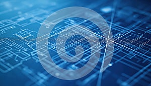 Abstract blue lines form complex network structure. Digital data flow graphic with grid patterns. Futuristic tech background,