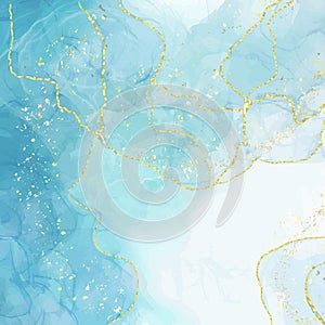 Abstract blue liquid watercolor background with golden crackers. Pastel marble ink drawing effect. Turquoise geode with