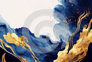 Abstract blue and metallic gold marble watercolor background