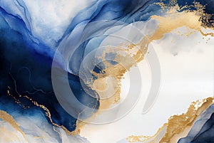 Abstract blue and metallic gold marble watercolor background