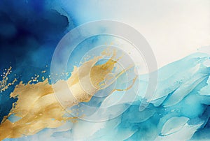 Abstract blue and metallic gold watercolor background, paint texture