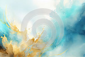 Abstract blue and metallic gold watercolor background, paint texture
