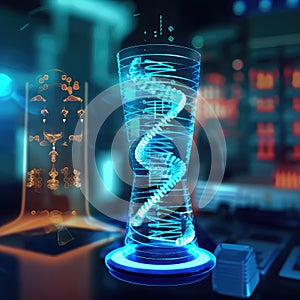 Abstract blue neon colors DNA structure in laboratory container. RNA model, medical science or technology background