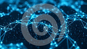 Abstract blue network of glowing lines and nodes with binary code data points in digital space