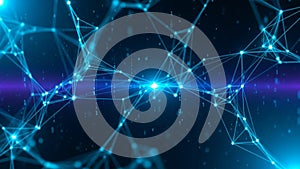 Abstract Blue Network of Glowing Nodes and Lines with Binary Code technology digital