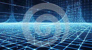 Abstract blue network grid background with connected dots representing data streams