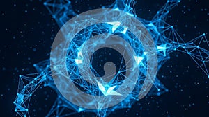 Abstract Blue Network of Interconnected Glowing Geometric Nodes and Lines on a Dark Background Keywords: abstract