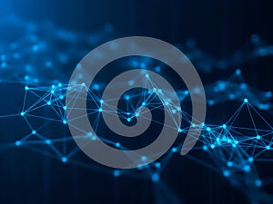 Abstract blue network of interconnected nodes and lines on a dark background