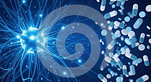 Abstract blue neural network sparks and glowing particles representing brain activity or data