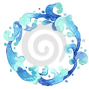 Abstract blue ocean wave wreath oriental art style watercolor.