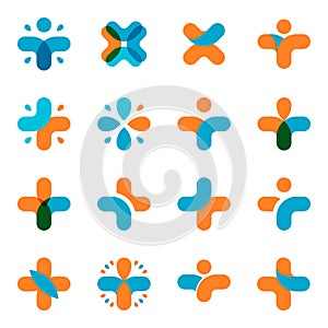 abstract blue, orange cross logo set. Medical logotype collection. Religious icon. Vector medical illustration