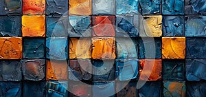 A abstract blue and orange tiled background with squares, in the style of cubo-futurism, delicate constructions photo