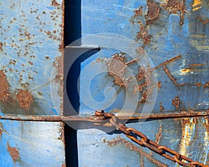 Abstract blue part of rusty sheep hull and metal chain