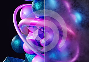 Abstract blue, pink, glass, purple geometric shapes on black background.